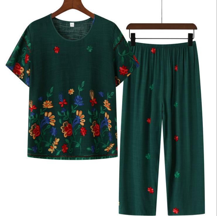 

Летний комплект из двух предметов для бабушки, укороченные брюки с короткими рукавами, женская пижама, свободная одежда для сна для дома среднего возраста XXXL темно-зеленого