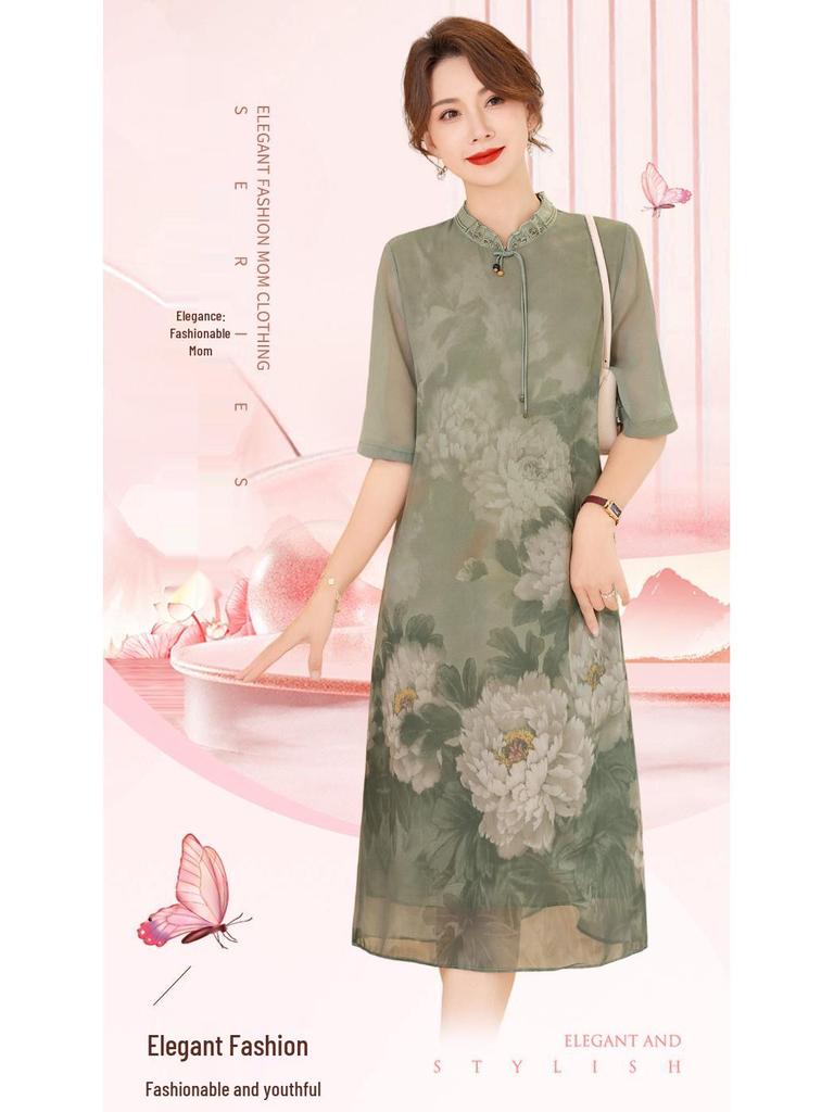 Mom's Stylish 2026 Summer Chinese Qipao Dress: Modern Short-Sleeved Chiffon for Middle-Aged & Elderly Women