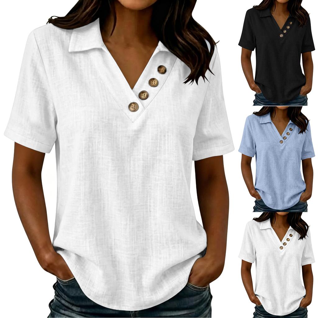 Women Casual Loose Fit Short Sleeve Top V Neck Button Detail Lightweight Summer Blouse Comfortable Everyday Wear