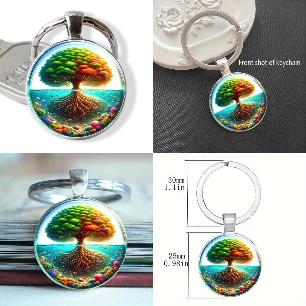 Decorative Glass Keychain Featuring Bright Tree Pattern For Home And Office Keys