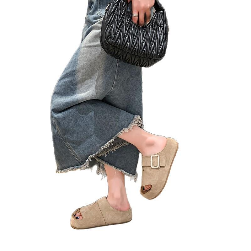 Boken Kapcie Damskie Letnie Skórzane Casualowe Płaskie Buty Jednoramienne Miękkie Klapki