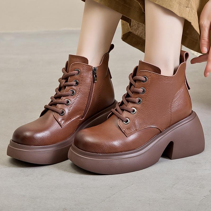 Fashion GKTINOO Women Thick High Heel Boots Autumn Round Toe Chunky Platform 100% Genuine Leather Ankle Boots Ladies Zipper Short Boots