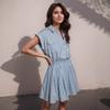 Women's New Sexy Short-sleeved Blue Striped Lapel Shirt Dress Slim-fitting Waist Mini Skirt