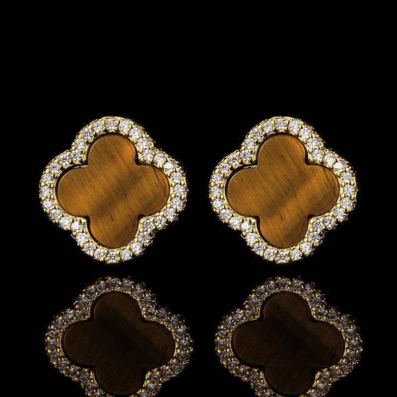 Jewelry Set Earrings Necklace Bracelet New Accessories Four Leaf Clover Natural Tiger Eye Stone Light Luxury Women's