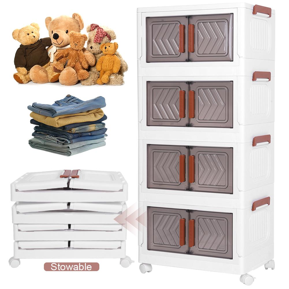 4 Tier Stackable Storage Bins with Lids Doors Wheels Foldable Cabinet Organization Storage Drawer Transparent Organizers Boxes