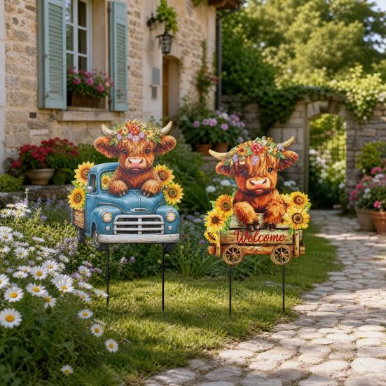 Floral Garden Sign 2 Pcs Highland Cow Stakes, Metal Outdoor Decor with 3D Printing Durable Marker Rustic Welcome Yard Signs for Patio Lawn,