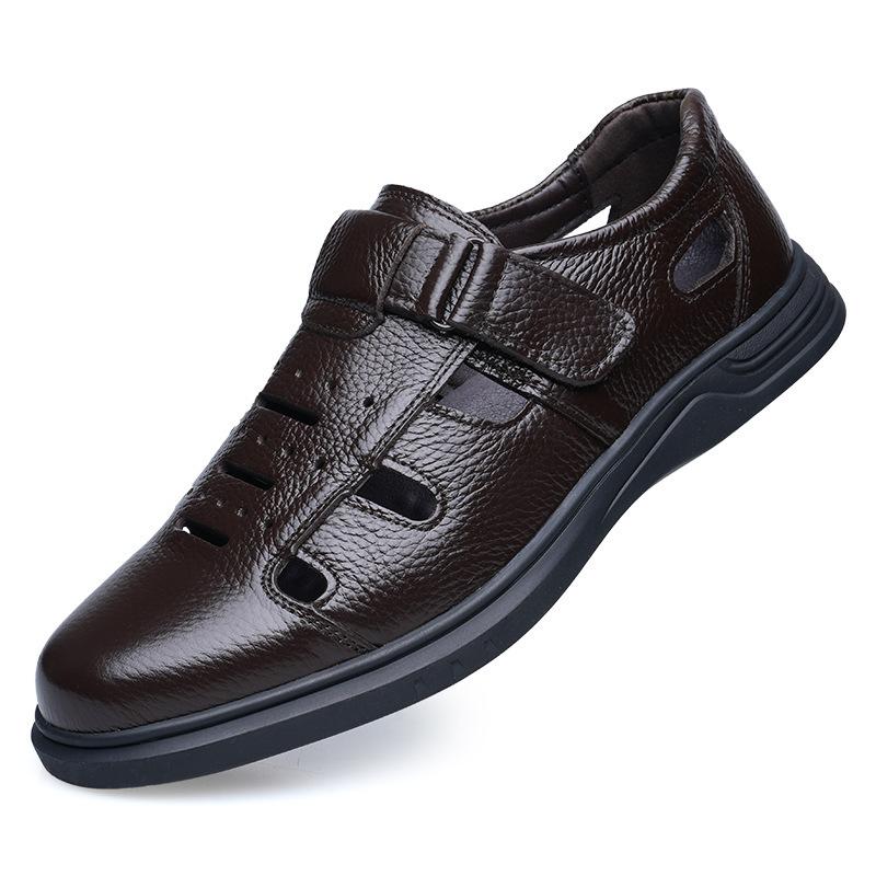 First Layer Cowhide Sandals Men'S Leather Hole Leather Shoes Hollow Breathable Dad Shoes Bag Head Leather Sandals
