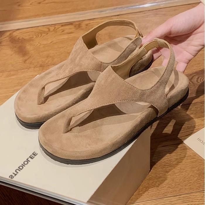 Wersja ze skóry owczej~ Prosty temperament jodełka retro nosek sandały rzymskie damskie letnie wakacje płaska podeszwa klapki zimowe