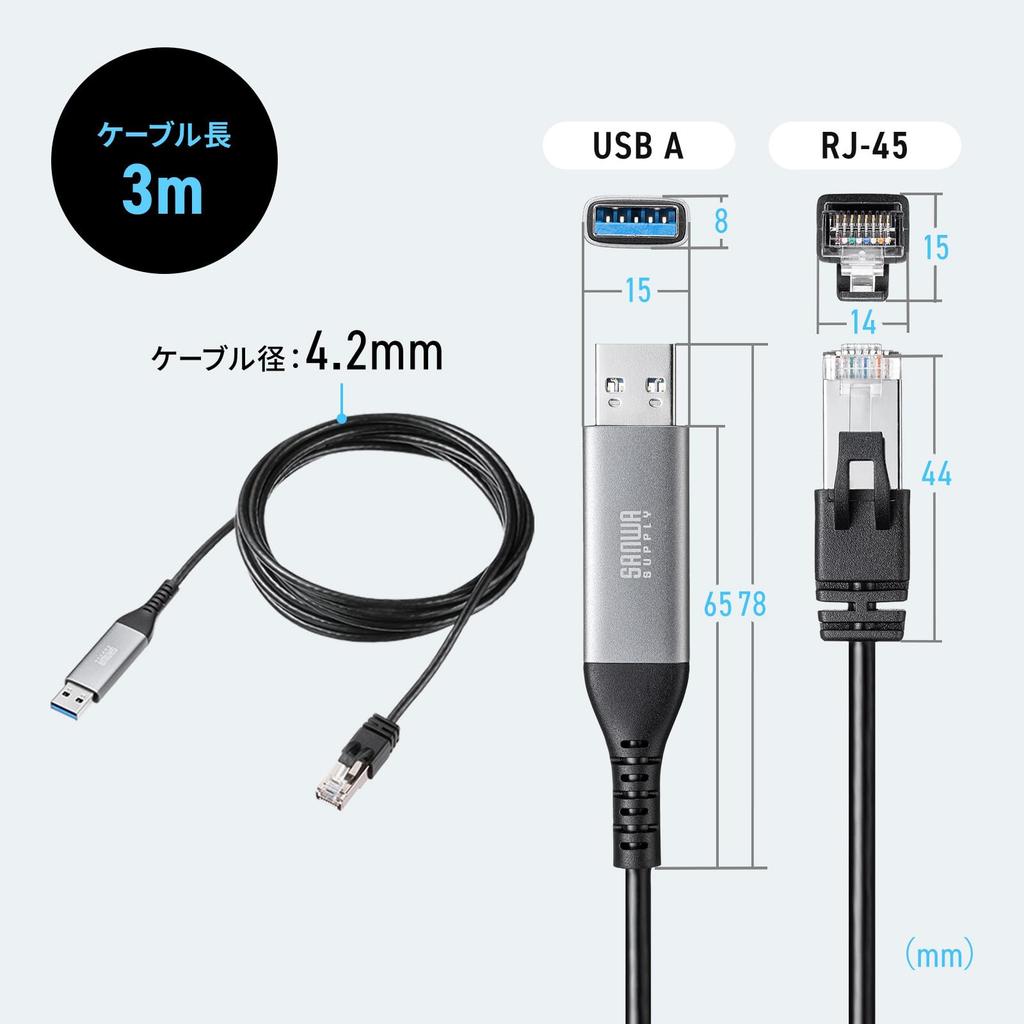 Sanwa Supply USB A to LAN Conversion Cable (Gigabit compatible, 3m) KB-SL6ALAN03BK