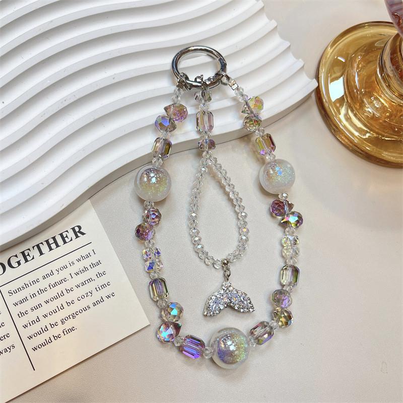 Dream Crystal Round Bead Dual Chain Fish Tail Phone Lanyard For Women And Men