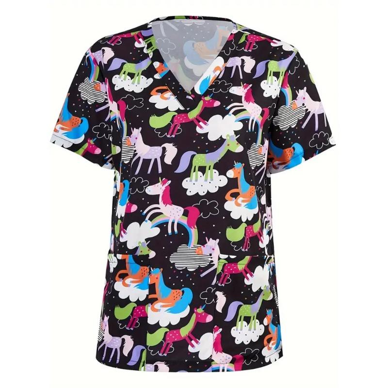 Uniformes Chirurgicaux Femme Imprimé Motifs Colorés Uniformes Chirurgicaux Col en V Manches Courtes Poche Plaquée T-shirt Médical de Bloc pour Femme