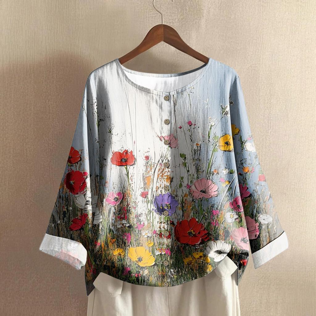 Women's Fashionable And Casual Shirt Long-sleeve Round Neck Print Cotton And Linen Blouse Top