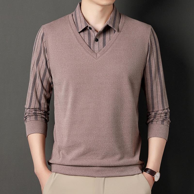 Men's New Autumn and Winter Long-sleeved T-shirt Polo Shirt for Young and Middle-aged People with Lapel Trendy Striped Bottoming Shirt for Men
