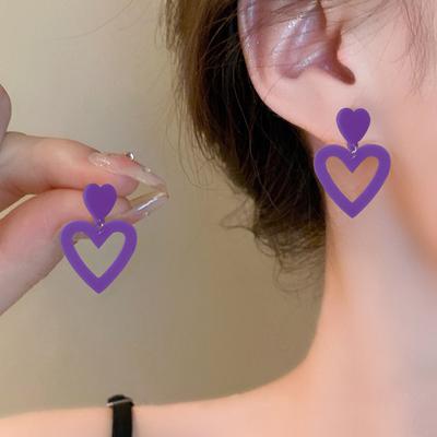 1 Pair Hollow-out Love Heart Dangle Earrings Women Girls Fashion Candy-Colored Acrylic Earrings Lightweight Double Heart Drop Earrings Valentine's Day