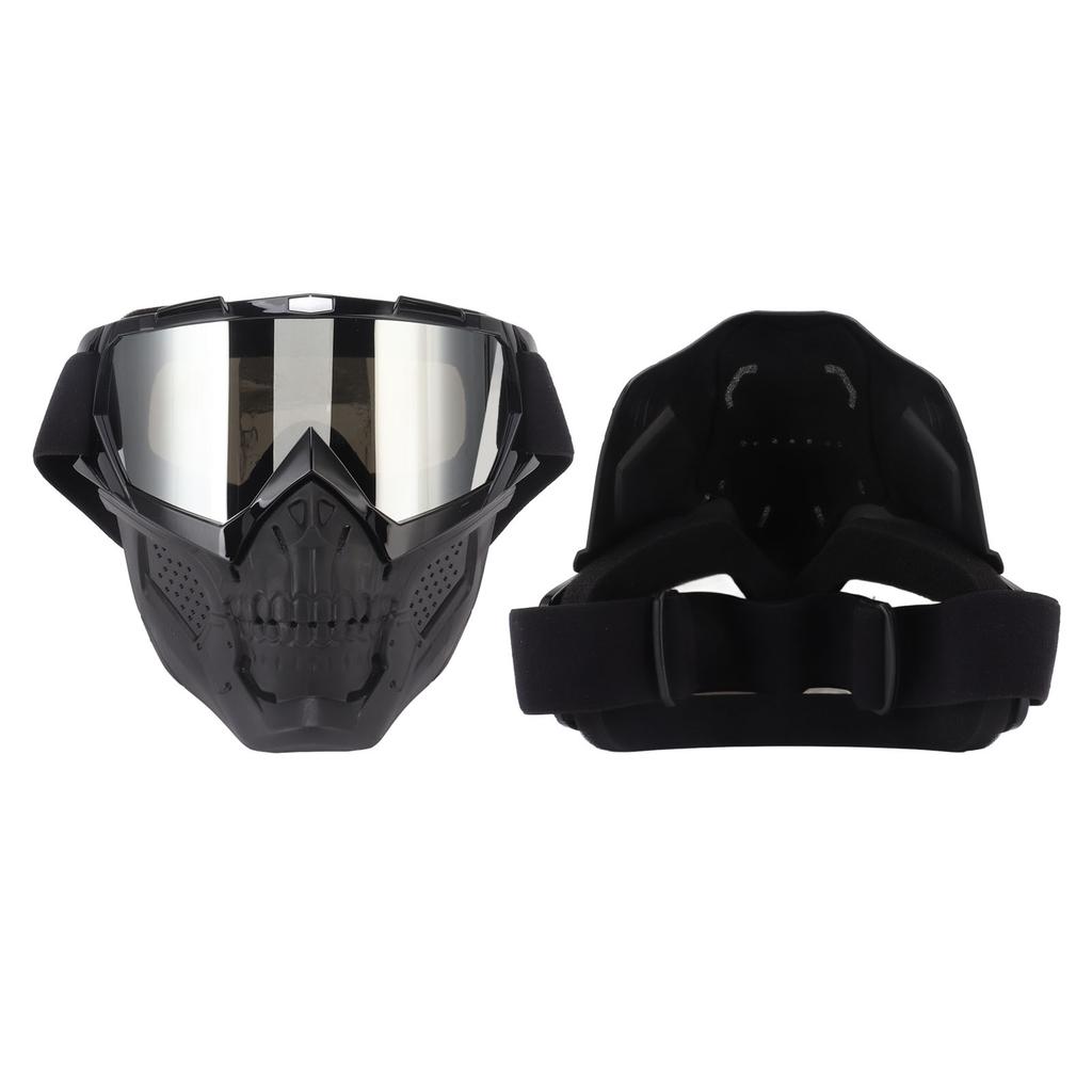 Skull Goggles Mask PC Sponge Detachable Adjustable Motorcycle Protective Mask For Off Road Riding Hiking Black Frame Silver Goggles Lens