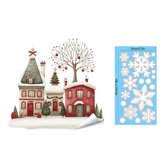 Weihnachts-Fenstersticker Statische Aufkleber, Verschneite Stadthäuser Schneeflocken Glasaufkleber, Wiederverwendbare Klebefreie Adsorption Weihnachten Aufkleber, Feiertagsdekoration für