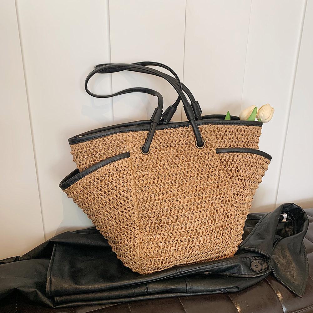 Women Straw Woven Tote Bag Summer Beach Bags Large Capacity Beach Vacation Shoulder Bag Multi Pockets for Outdoor Travel