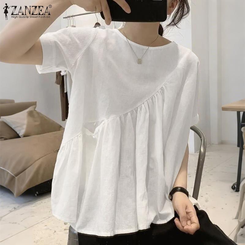 ZANZEA Women Casual Round Neck Loose Summer Cotton Short Sleeve T-Shirts