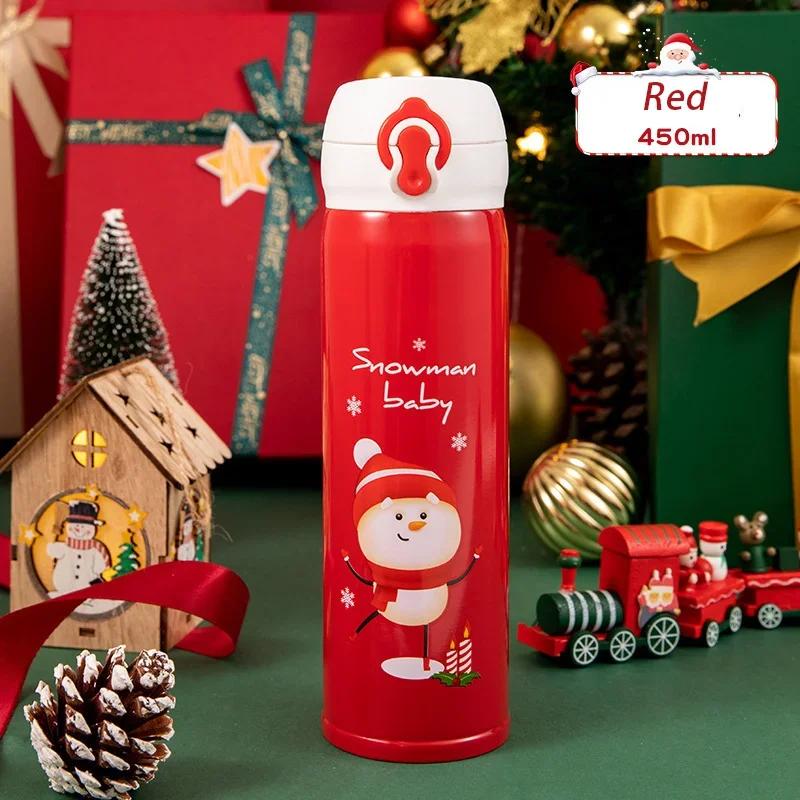 450ml Thermos Cup Christmas Stainless Steel Vacuum Water Bottle with Lid Elk Santa Thermos Cup Christmas Gift Christmas 1PC