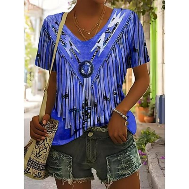 

Женская футболка с графическим принтом Bohemia Vintage Western с коротким рукавом и V-образным вырезом, обычные топы, повседневная пляжная одежда, одежда для отпуска, принт, лето 2XL