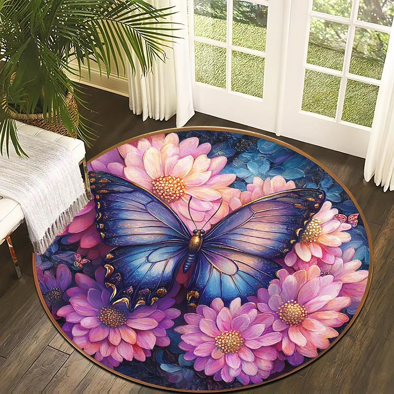 Pink butterfly artistic style Flannel-printed round floor mats are slip-resistant Suitable living room terrace garden carpets