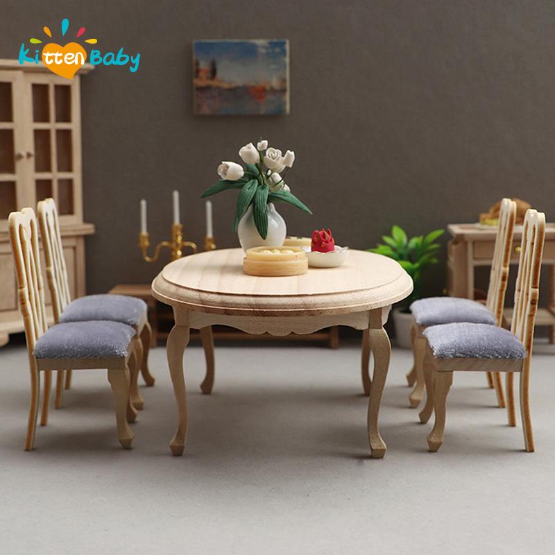 1:12 Dollhouse Miniature Wooden Dining Table Chair Set Simulation Furniture Model Toy For Dollhouse Restaurant Decor