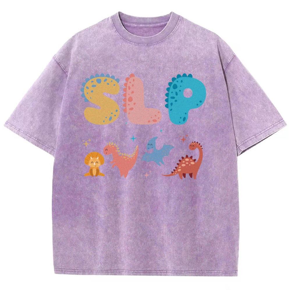 Cute Cartoon Dinosaur Letter Print Ladies T-Shirt Loose Wash Oversized Short Sleeve Fashion Retro Style Top