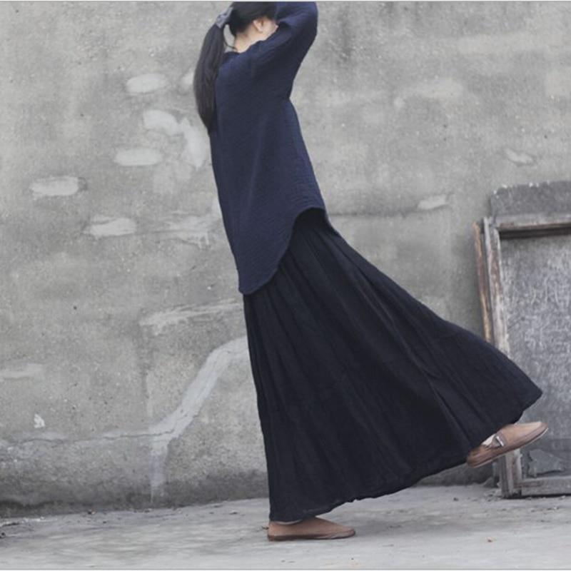 Women Cotton Linen Elastice Waist Floor Length Autumn Pleated Casual Long Skirts