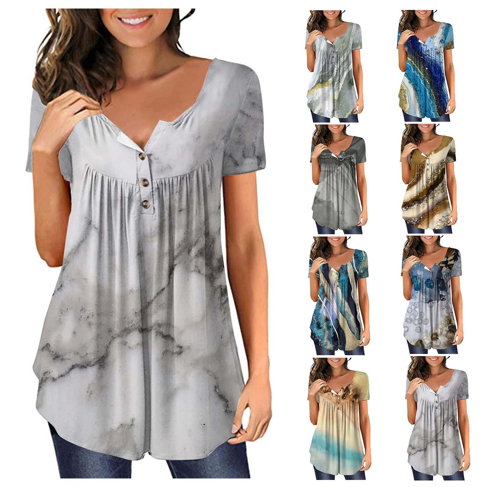 

Жіноча повсякденна сорочка з принтом на талії, футболка з V-подібним вирізом і короткими рукавами на ґудзиках XXL синій