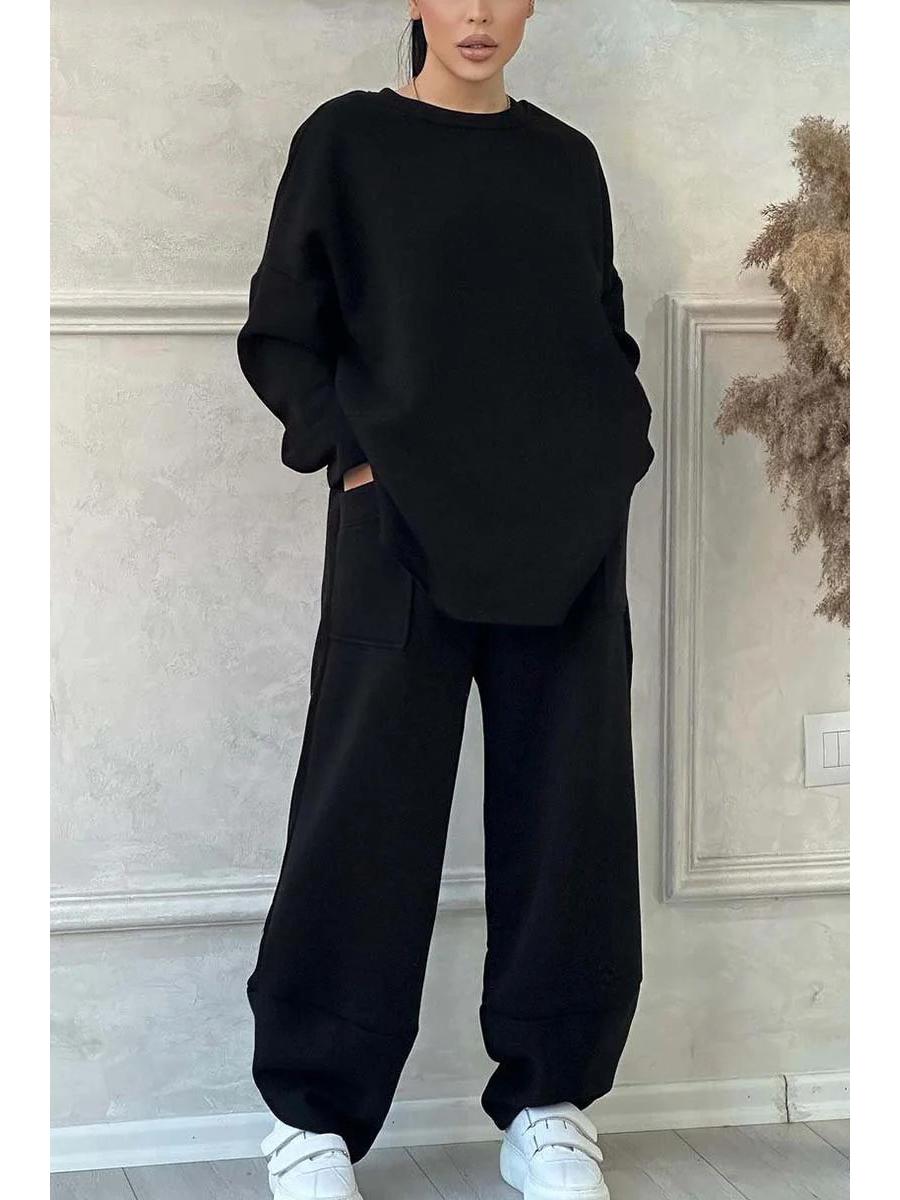 

2024 Женский повседневный однотонный комплект свитшота с круглым вырезом и длинными рукавами с карманом 3XL