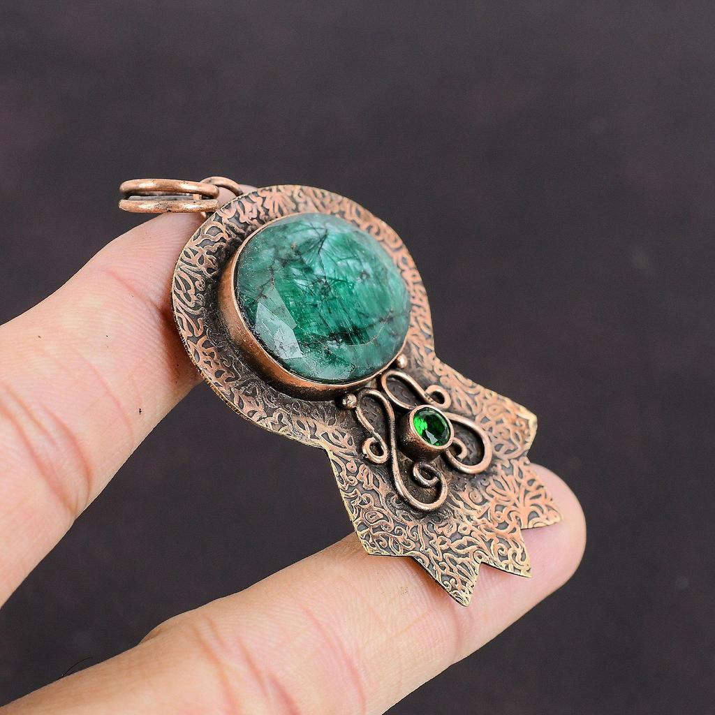 Faceted Zambian Emerald Pendant Chrome Diopside Pendant Copper Pendant Genuine Gemstone Pendant Handmade Copper Jewelry Birthstone Pendant