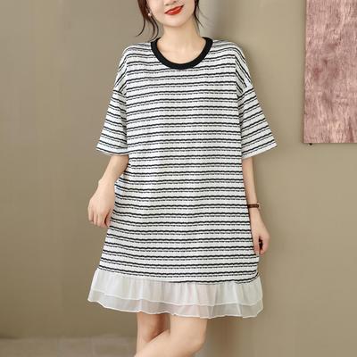 Krátký rukáv Větší velikost Vintage pruhovaný patchwork Nové v šatech pro ženy Ležérní volné mini letní šaty