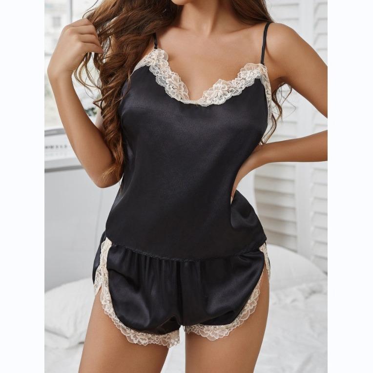 Lace lace suspenders shorts solid color suit summer loungewear sexy pajamas women
