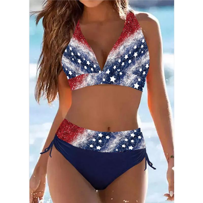 Женский Бикини-комплект с Принтом Флага Красно-Сине-Белый Звездно-Полосатый Купальник из 2 Частей S темно-синий