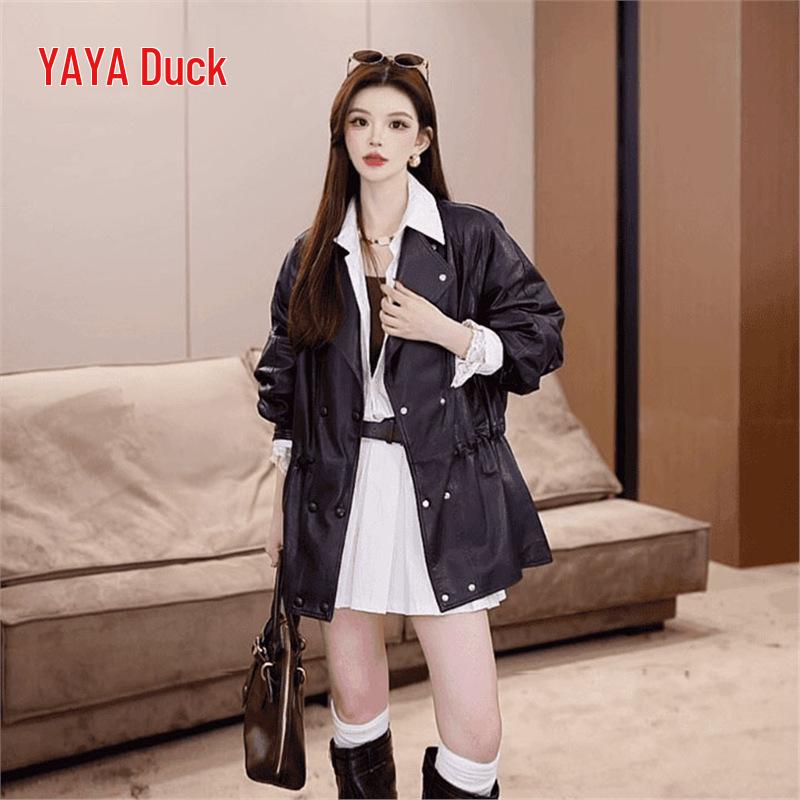 Women's Mid-Length Waist-Cinching Leather Jacket - 2026 New Stylish Temperament with 90% Duck Down Warmth