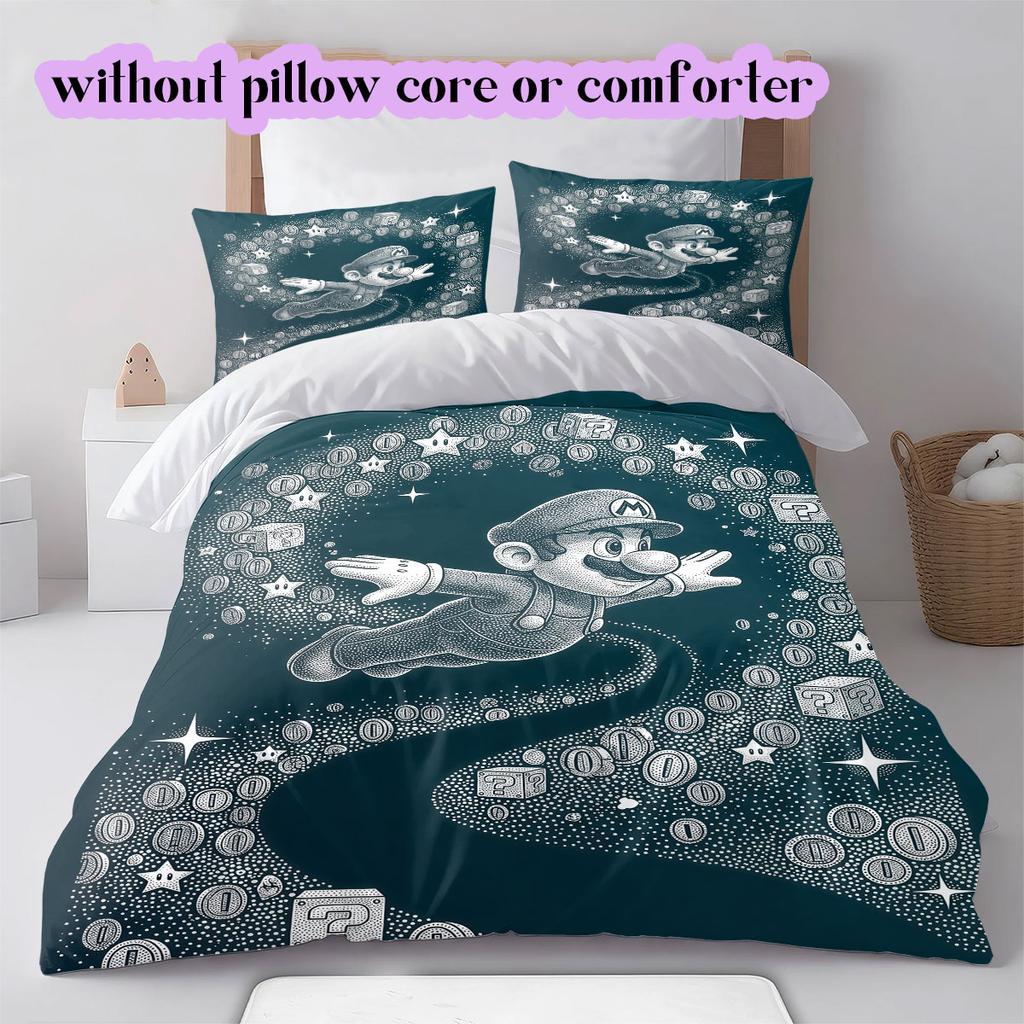 Super Mario Anime Figure Duvet Cover,3 Piece Printed Cartoon Set,Cool Bedroom Furniture Decor Comforter Cover_LIAN