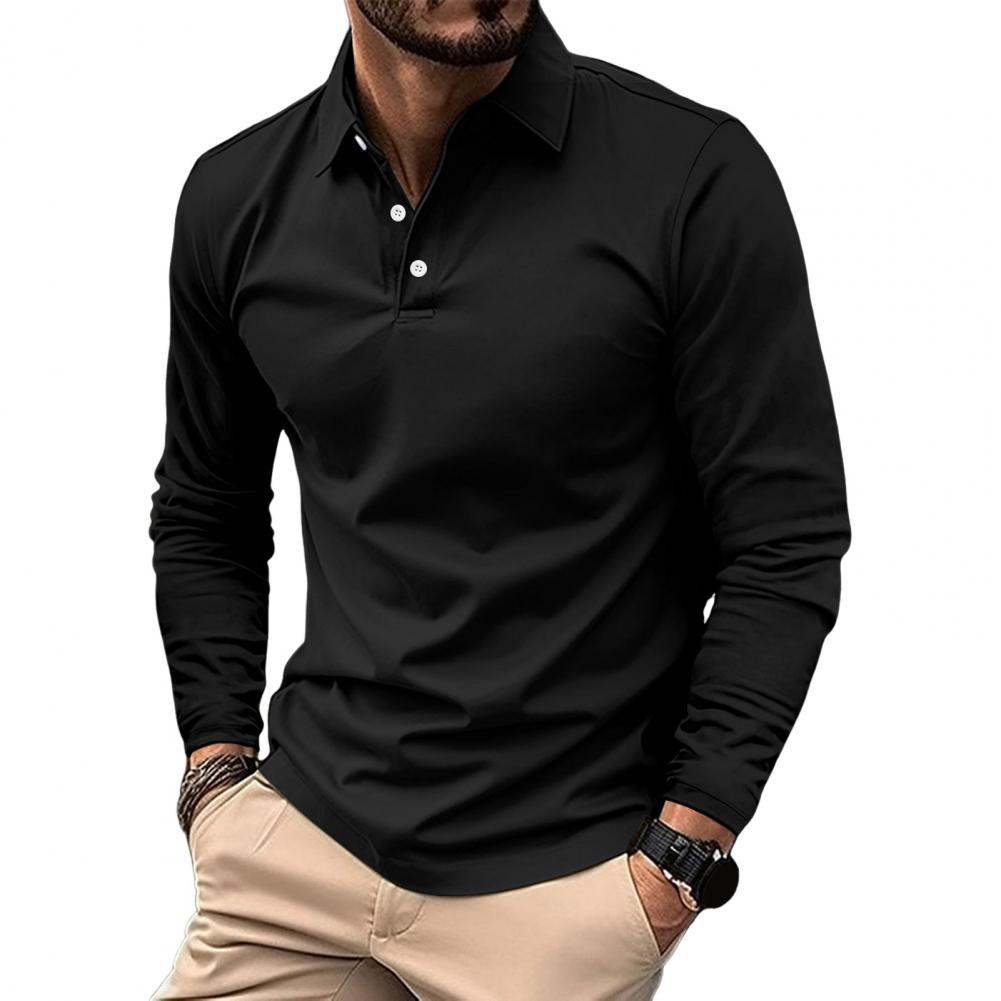 Men Summer Blouse Buttoned Turn-down Collar Pullover Long Sleeves Mid Length Single Color Leisure Business Style Top
