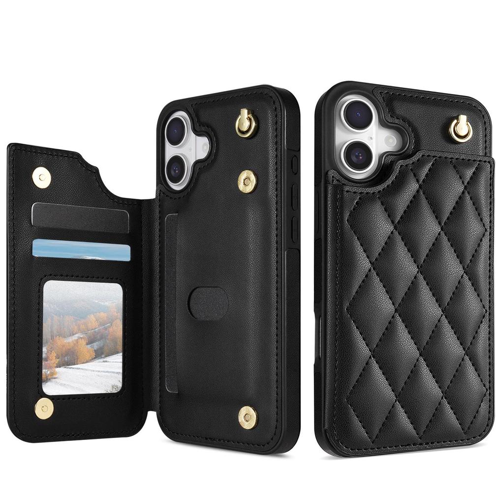 Plush Plaid Card Holder Phone Case for Apple 16 with Lanyard - Full Coverage, Luxury Style