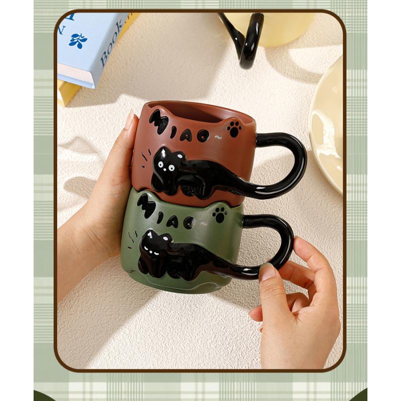 Cute Cat Stackable Ceramic Mug, Couple Coffee Cup for Home and Office, Creative Cat Drinking Cup Gift for Women