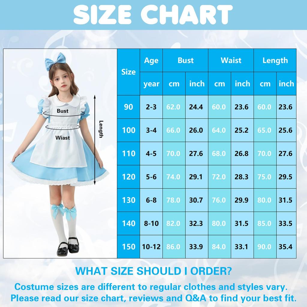 Harsever Alice Cosplay Maid Set and Cute for Cultural School Birthday Commemorative and Halloween Costume, Kids' Outfit, 4-Piece (Dress, Apron,