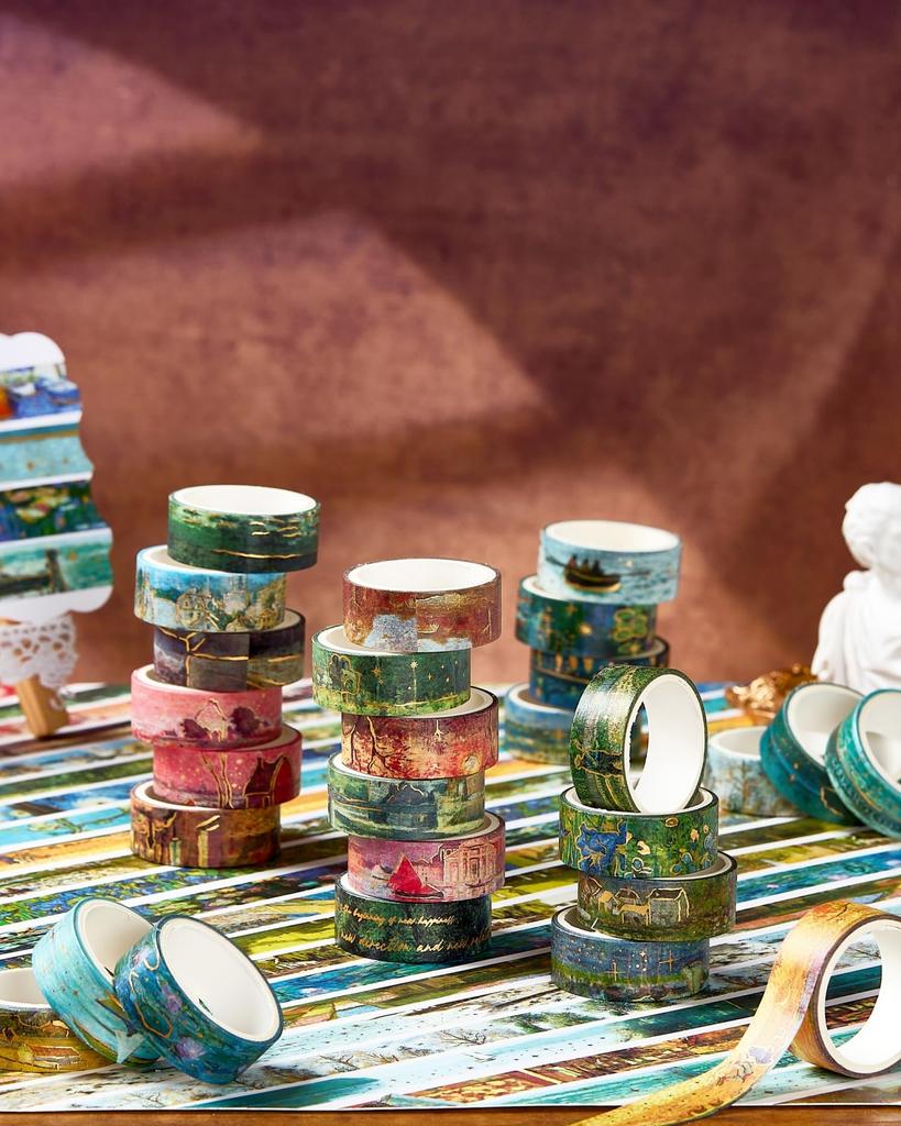 YUBX Oil Masking Set of Landscape Pattern Washi Tape with Gold Foil Perfect for Drawing DIY Gift and Gift Decorations Oil Painting-Style Tape, 20,