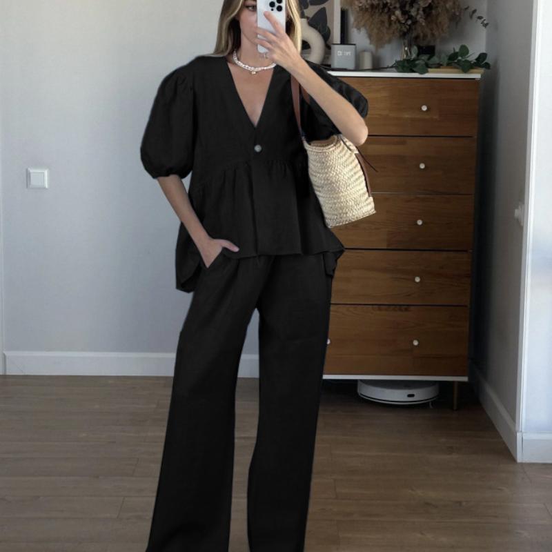 

Весенне-летний новый милый однотонный комплект Хлопковый топ с V-образным вырезом Пышный короткий рукав Длинные брюки Комплект из 2 предметов L чёрный