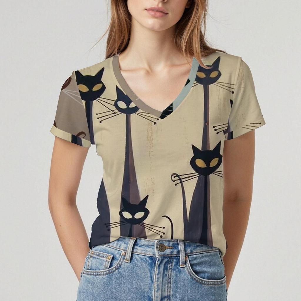 Summer V-neck 3D Cartoon Cat Pattern Printed Top Fashionable Casual Short Sleeved Women's T-shirts