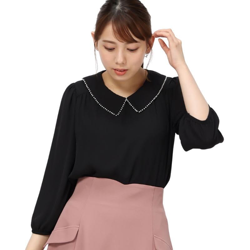 Mishmash Feminine Pearl Trimmed Black Blouse, Women's,