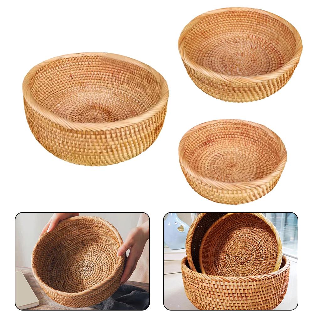 Round Rattan Fruit Basket Handwoven Lightweight for Kitchen or Office Use