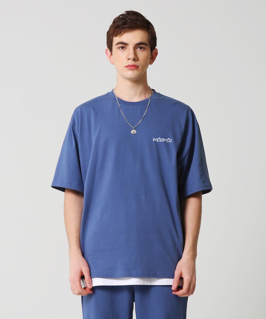 MOZMOZ Color Chip Embroidered Oversized Short Sleeve T-Shirt Blue