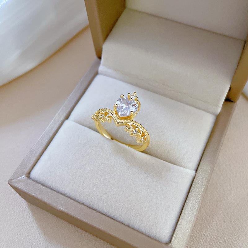 Real Gold Crown Love Full Diamond Ring Opening Adjustable Simple Jewelry Japanese Ring Couple Ring