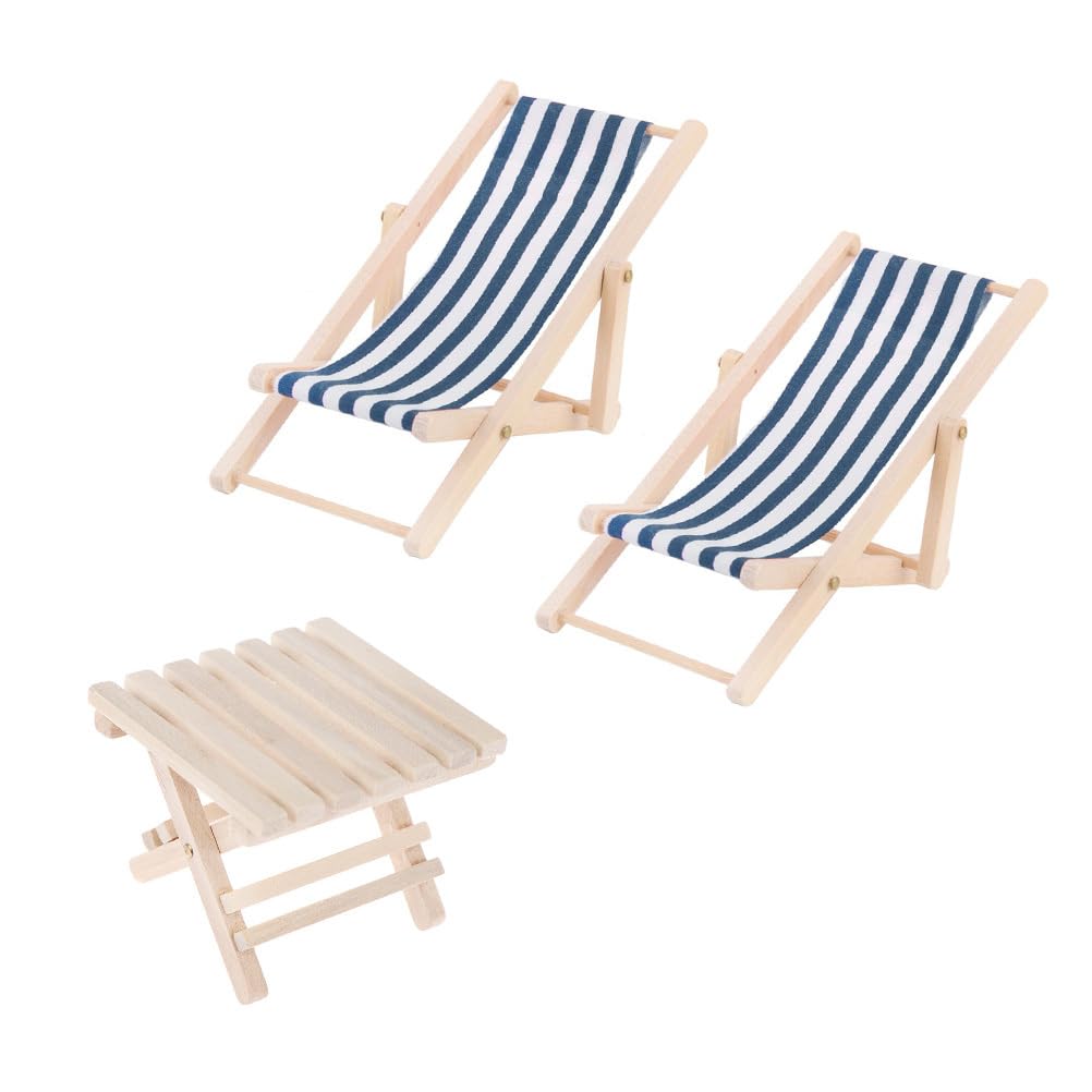 NOLITOY 112 Scale Wooden Miniature Furniture Set for Kids, Includes Mini House, Two Lounge Chairs, and Folding Beach Table, Lightweight and Compact,