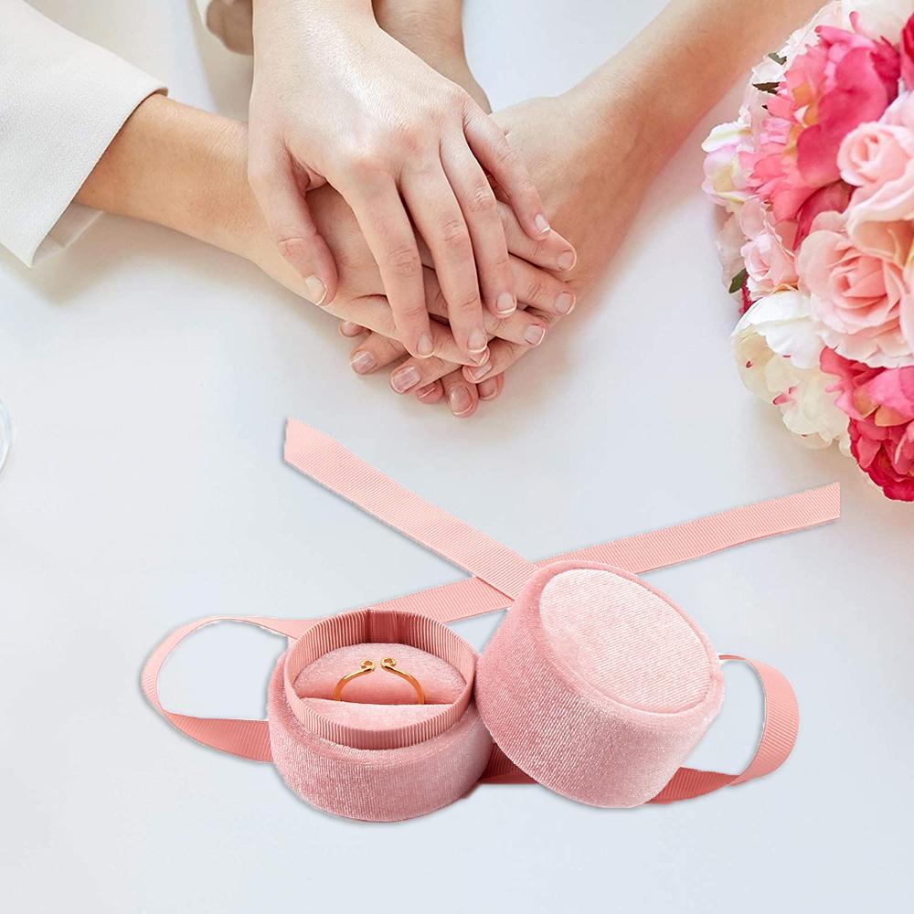 Premium Velvet Round Bow Ribbon Ring Box Wedding Jewelry Earring Ring Display Storage For Proposal Engagement 5.8*5.3cm