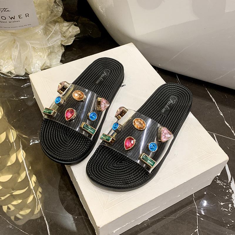 Spring and Summer Thick-bottomed Sandals Women's Trend Fashion Transparent Colored Rhinestones Comfortable Casual Fashion Flat-bottomed Muffin Slipper